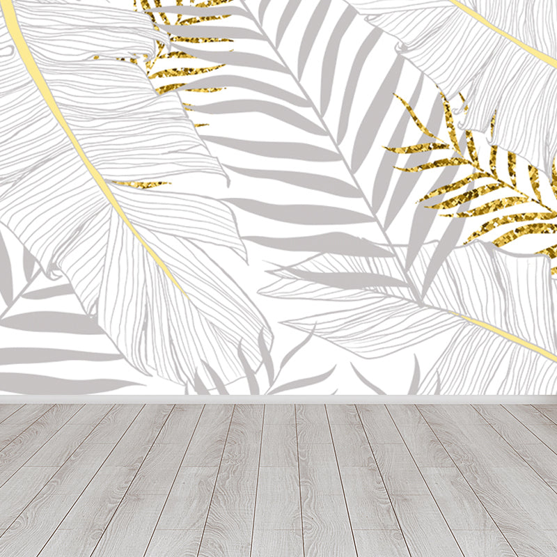 Leaves Print Wall Mural Tropical Washable Living Room Wall Covering, Personalize Light Gray Clearhalo 'Wall Decor' 'Wall Mural' 1647484