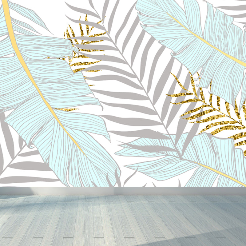 Leaves Print Wall Mural Tropical Washable Living Room Wall Covering, Personalize Blue Clearhalo 'Wall Decor' 'Wall Mural' 1647489