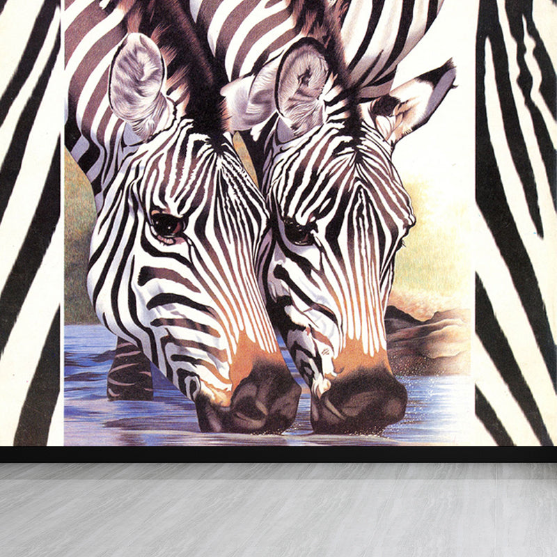 Contemporary Africa Zebra Mural Decal Pastel Color Natural Animals Wall Covering Black-White Clearhalo 'Wall Decor' 'Wall Mural' 1647504