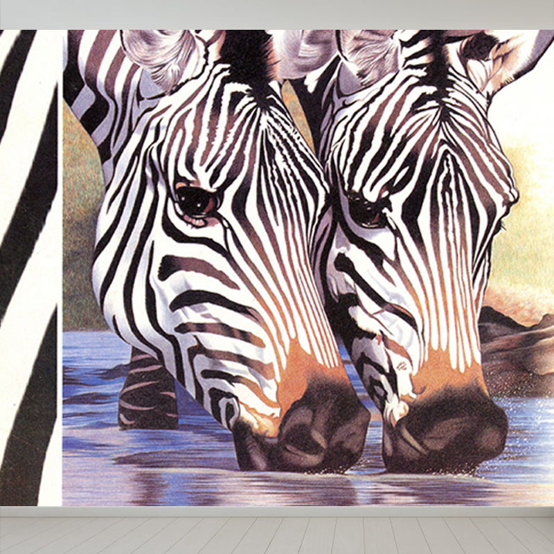 Contemporary Africa Zebra Mural Decal Pastel Color Natural Animals Wall Covering Clearhalo 'Wall Decor' 'Wall Mural' 1647506