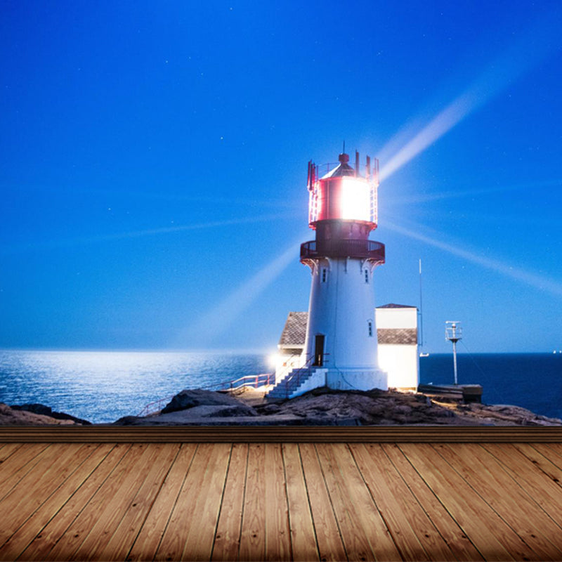 Photography Beacon at Night Mural Decal for Living Room, Light Color, Custom Printed Blue Clearhalo 'Wall Decor' 'Wall Mural' 1647514