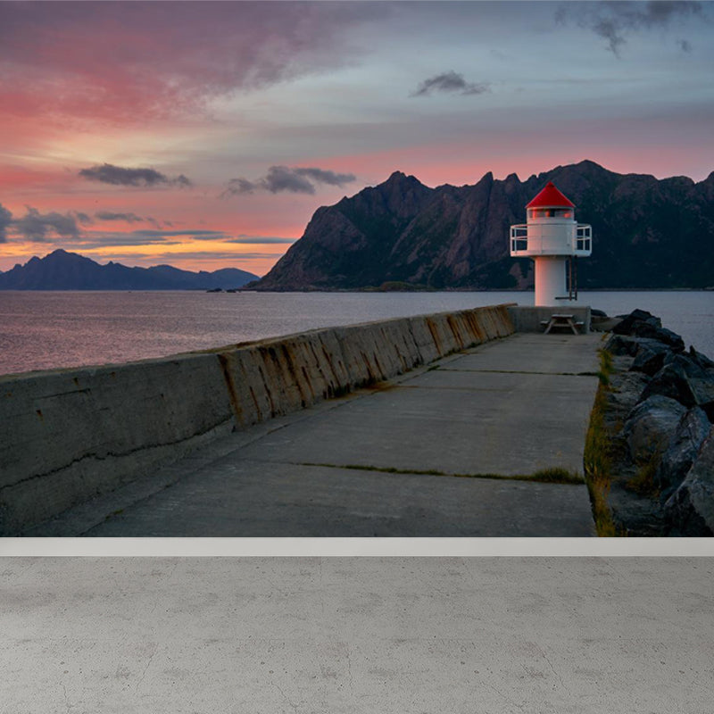 Photography Beacon at Night Mural Decal for Living Room, Light Color, Custom Printed Pink Clearhalo 'Wall Decor' 'Wall Mural' 1647524