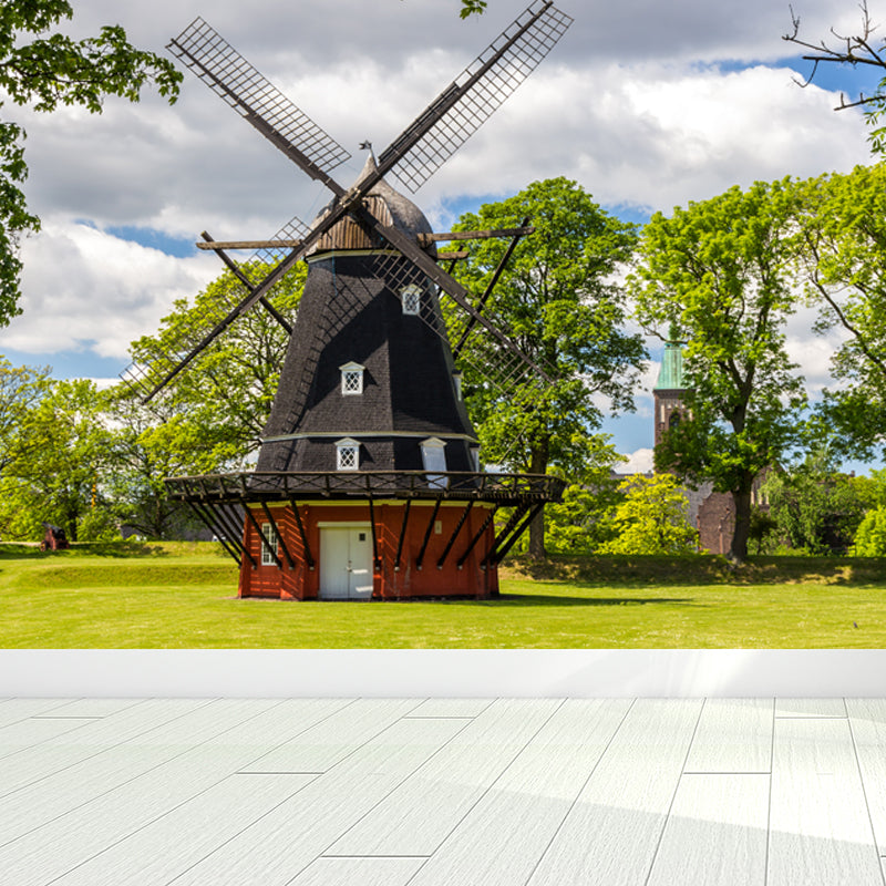 European Windmill Mural Wallpaper for Dining Room Summer Wall Decor, Custom Printed Green Clearhalo 'Wall Decor' 'Wall Mural' 1647715