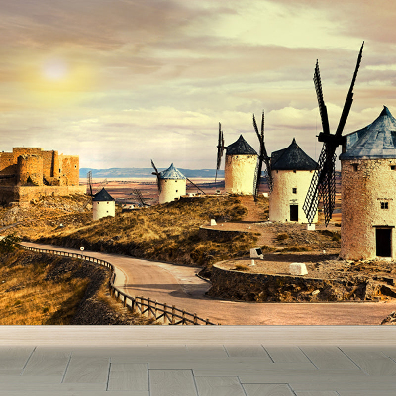 European Windmill Mural Wallpaper for Dining Room Summer Wall Decor, Custom Printed Brown Clearhalo 'Wall Decor' 'Wall Mural' 1647725