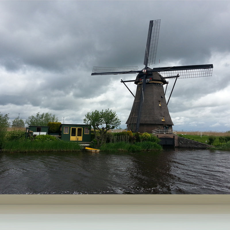 European Windmill Mural Wallpaper for Dining Room Summer Wall Decor, Custom Printed Grey Clearhalo 'Wall Decor' 'Wall Mural' 1647730