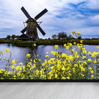 Whole Riverside Windmill Mural Decal for Wall Decor Contemporary Guest Room Wall Art Blue Design 1 Clearhalo 'Wall Decor' 'Wall Mural' 1647735