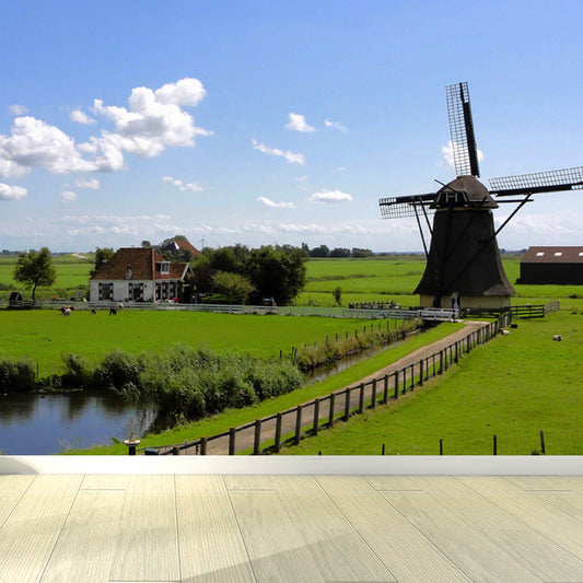 Whole Riverside Windmill Mural Decal for Wall Decor Contemporary Guest Room Wall Art Clearhalo 'Wall Decor' 'Wall Mural' 1647747