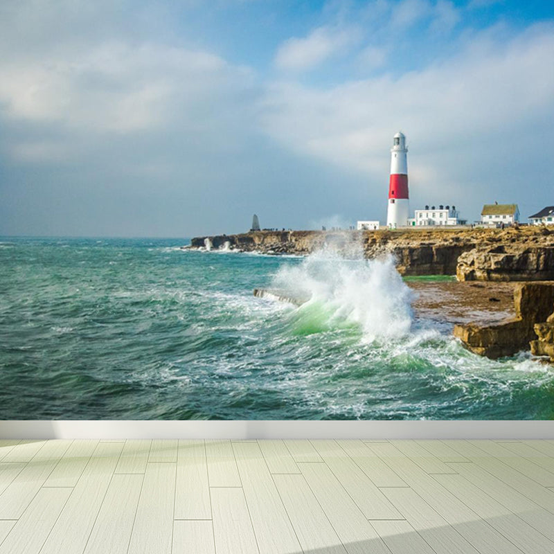 Extra Large Lighthouse Wall Mural Blue Non-Woven Wall Art for Interior Decor, Personalised Clearhalo 'Wall Decor' 'Wall Mural' 1647761