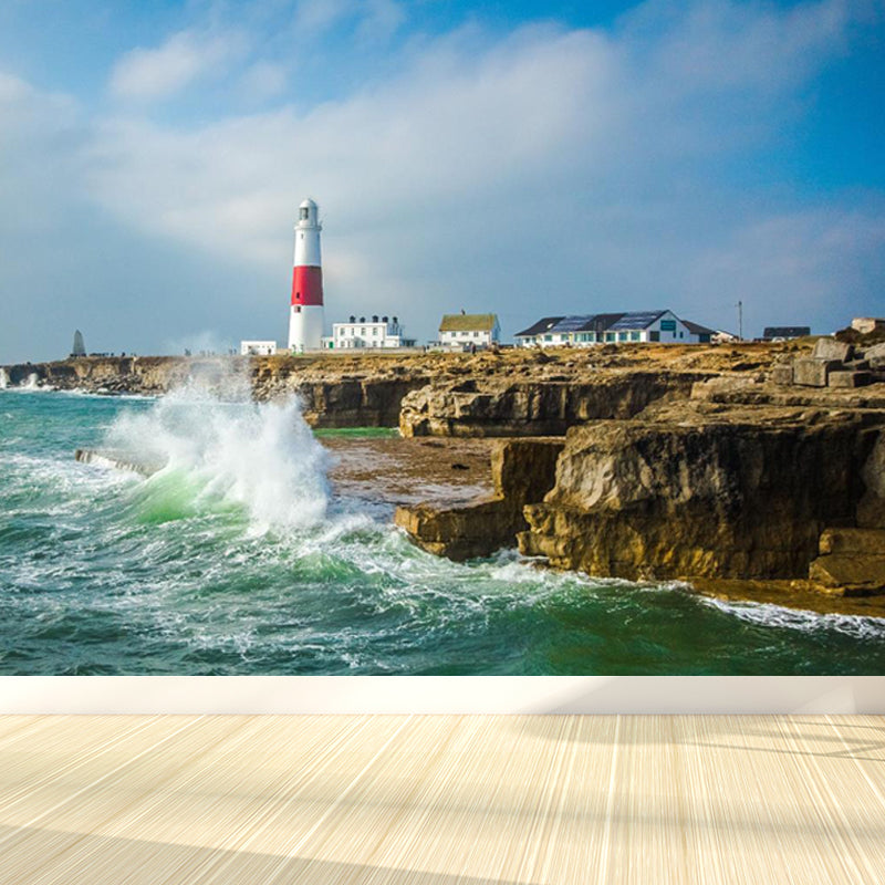 Extra Large Lighthouse Wall Mural Blue Non-Woven Wall Art for Interior Decor, Personalised Clearhalo 'Wall Decor' 'Wall Mural' 1647762