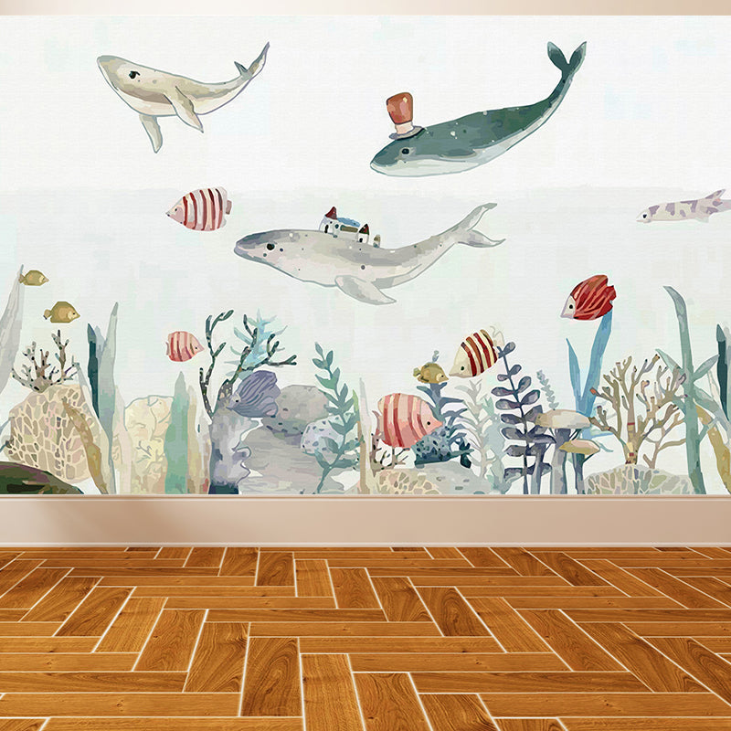 Great Whale and Sea Mural Wallpaper Children's Art Non-Woven Material Wall Covering Beige Clearhalo 'Wall Decor' 'Wall Mural' 1647958