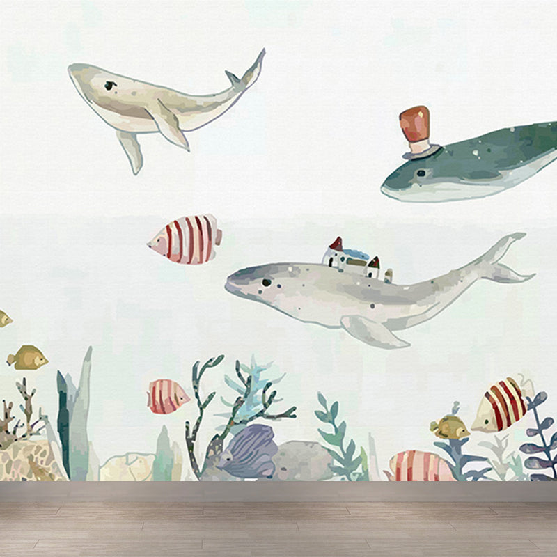 Great Whale and Sea Mural Wallpaper Children's Art Non-Woven Material Wall Covering Clearhalo 'Wall Decor' 'Wall Mural' 1647959
