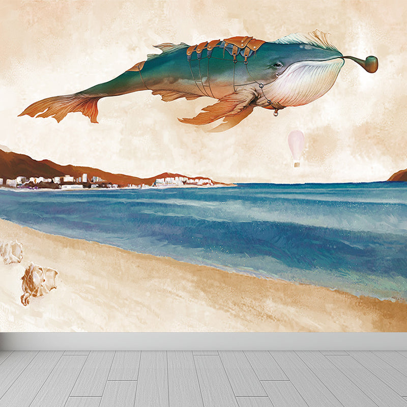 Great Whale and Sea Mural Wallpaper Children's Art Non-Woven Material Wall Covering Light Brown Clearhalo 'Wall Decor' 'Wall Mural' 1647963