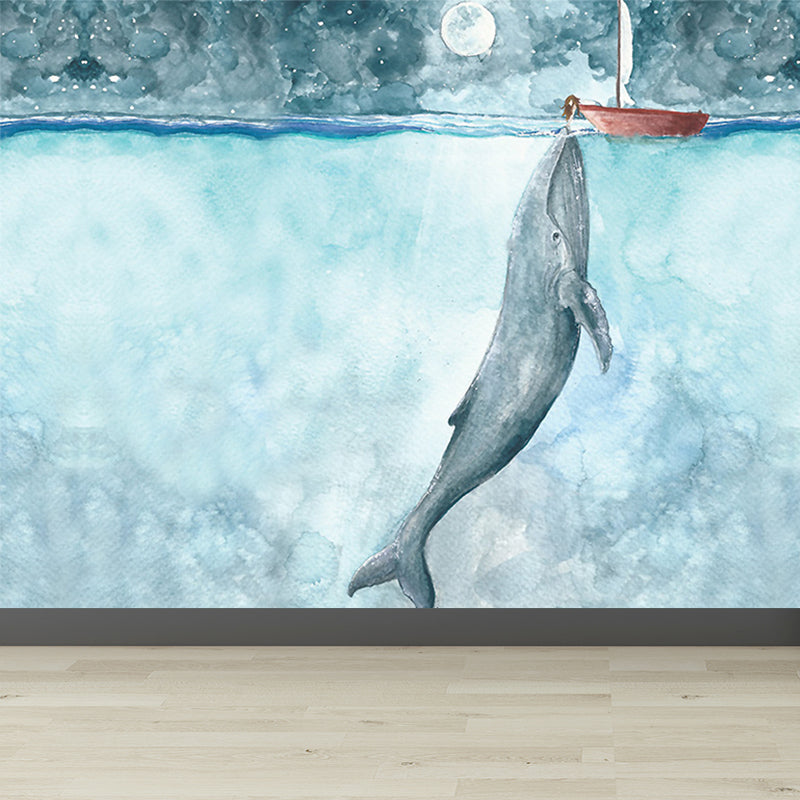 Great Whale and Sea Mural Wallpaper Children's Art Non-Woven Material Wall Covering Blue Clearhalo 'Wall Decor' 'Wall Mural' 1647968