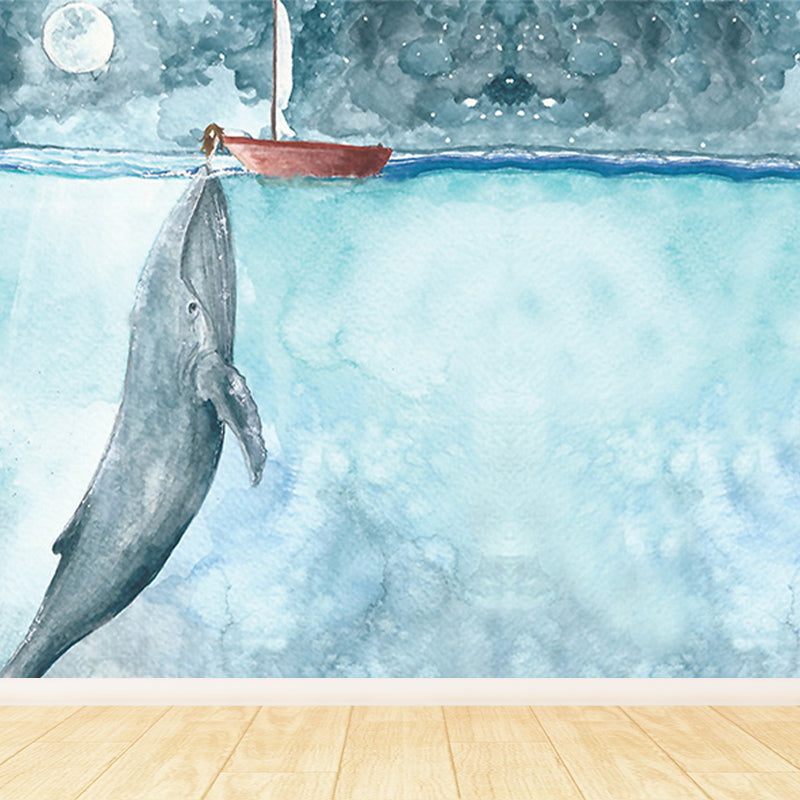 Great Whale and Sea Mural Wallpaper Children's Art Non-Woven Material Wall Covering Clearhalo 'Wall Decor' 'Wall Mural' 1647969