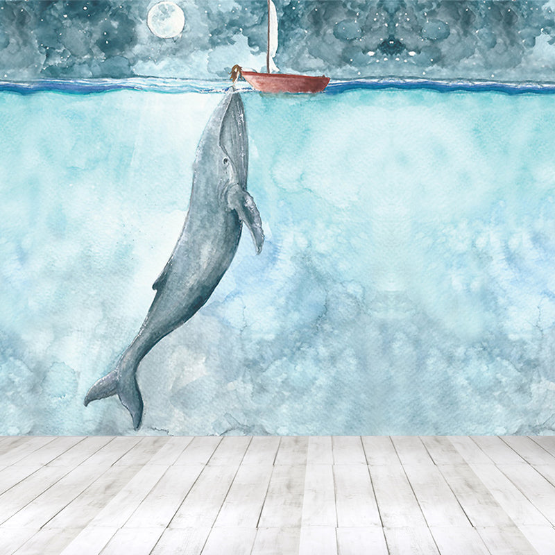 Great Whale and Sea Mural Wallpaper Children's Art Non-Woven Material Wall Covering Clearhalo 'Wall Decor' 'Wall Mural' 1647970