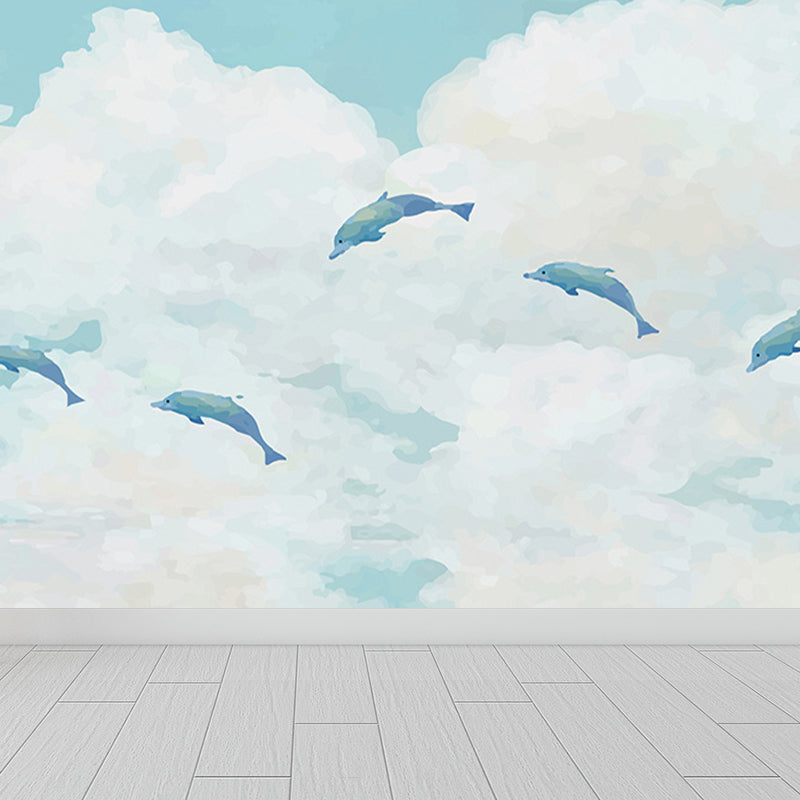 Great Whale and Sea Mural Wallpaper Children's Art Non-Woven Material Wall Covering White Clearhalo 'Wall Decor' 'Wall Mural' 1647973