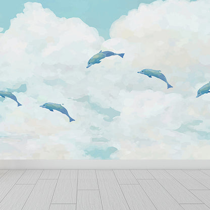 Great Whale and Sea Mural Wallpaper Children's Art Non-Woven Material Wall Covering White Clearhalo 'Wall Decor' 'Wall Mural' 1647973