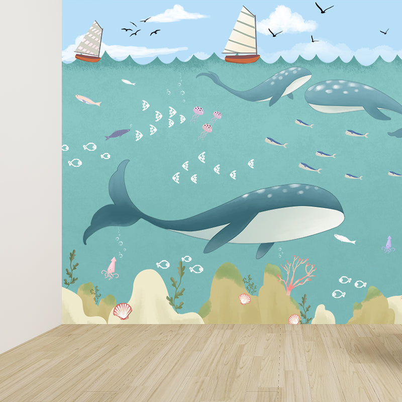 Kid's Style Great Whale Mural Decal Light Color Waterproofing Wall Decor for Childrens Room Green Clearhalo 'Wall Decor' 'Wall Mural' 1647998