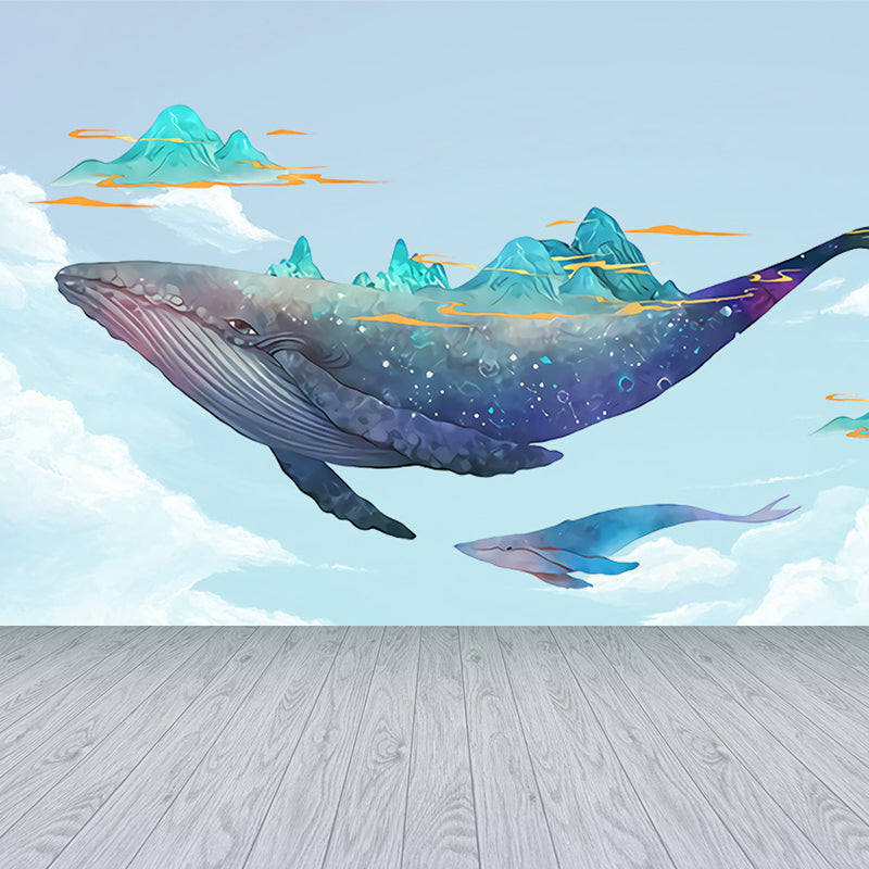 Kid's Style Great Whale Mural Decal Light Color Waterproofing Wall Decor for Childrens Room Blue Clearhalo 'Wall Decor' 'Wall Mural' 1648003