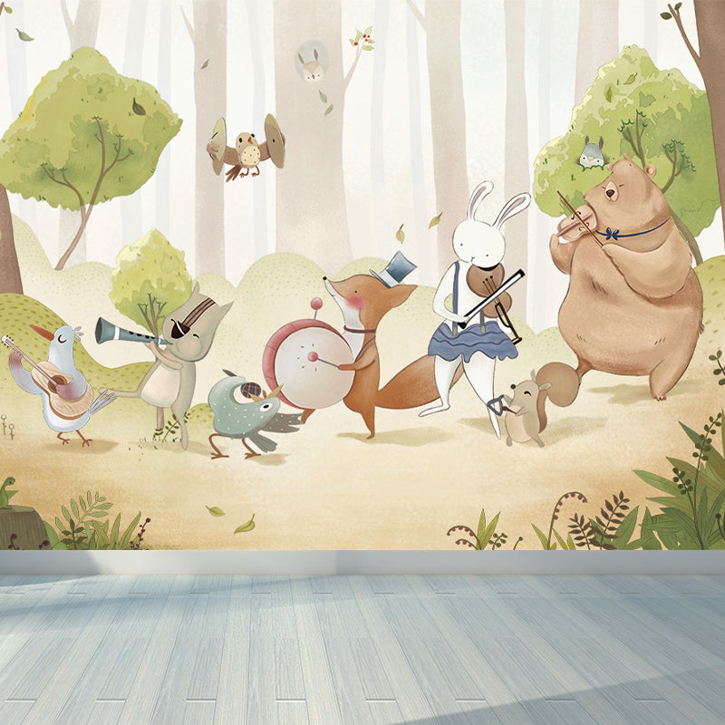 Customised Illustration Kid's Style Mural Wallpaper with Cartoon Animals in Light Color Brown Clearhalo 'Wall Decor' 'Wall Mural' 1648018