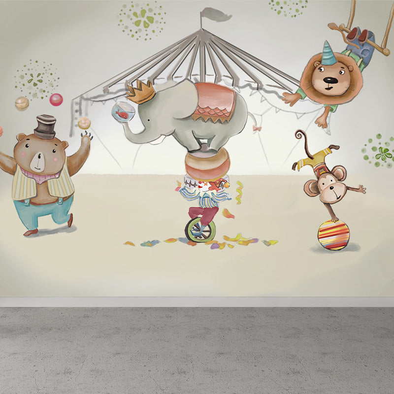 Customised Illustration Kid's Style Mural Wallpaper with Cartoon Animals in Light Color Grey Clearhalo 'Wall Decor' 'Wall Mural' 1648028