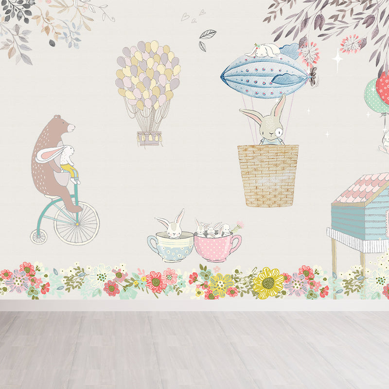 Customised Illustration Kid's Style Mural Wallpaper with Cartoon Animals in Light Color Cream Gray Clearhalo 'Wall Decor' 'Wall Mural' 1648033
