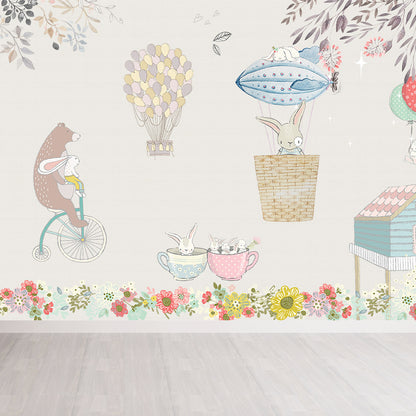 Customised Illustration Kid's Style Mural Wallpaper with Cartoon Animals in Light Color Cream Gray Clearhalo 'Wall Decor' 'Wall Mural' 1648033