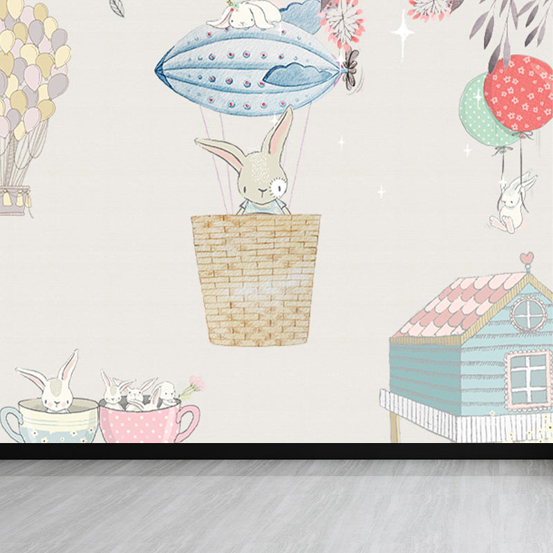 Customised Illustration Kid's Style Mural Wallpaper with Cartoon Animals in Light Color Clearhalo 'Wall Decor' 'Wall Mural' 1648034