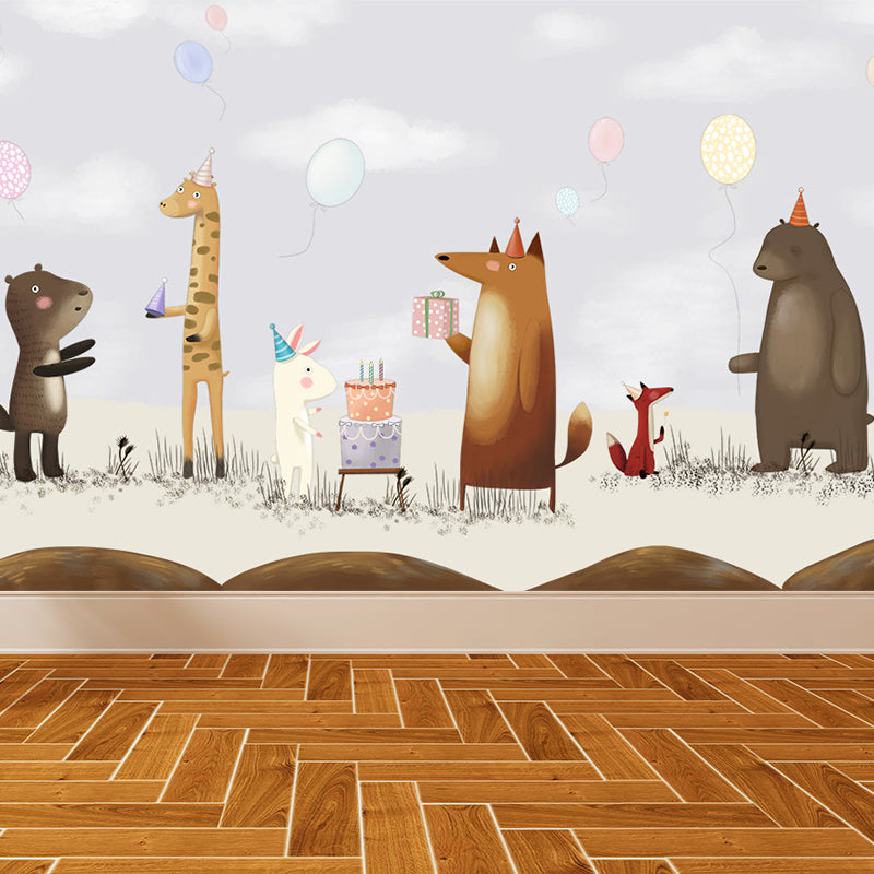 Interesting Cartoon Animals Mural Decal for Kids Bedroom, Soft Color, Custom Size Available Light Purple Clearhalo 'Wall Decor' 'Wall Mural' 1648038