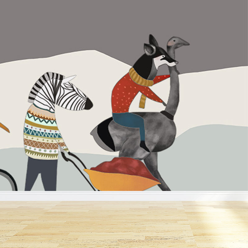 Interesting Cartoon Animals Mural Decal for Kids Bedroom, Soft Color, Custom Size Available Clearhalo 'Wall Decor' 'Wall Mural' 1648044