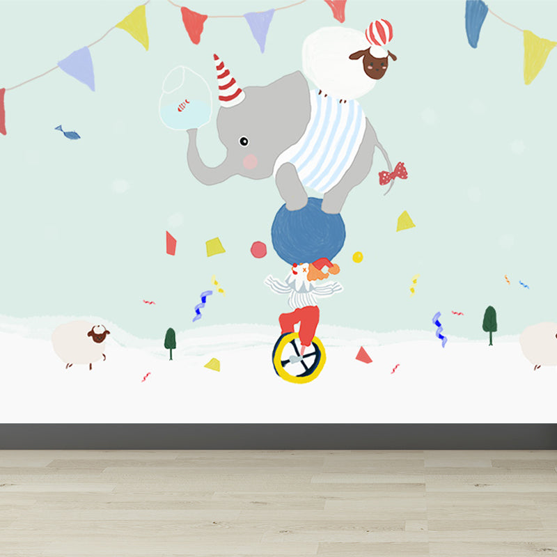 Interesting Cartoon Animals Mural Decal for Kids Bedroom, Soft Color, Custom Size Available Light Green Clearhalo 'Wall Decor' 'Wall Mural' 1648048