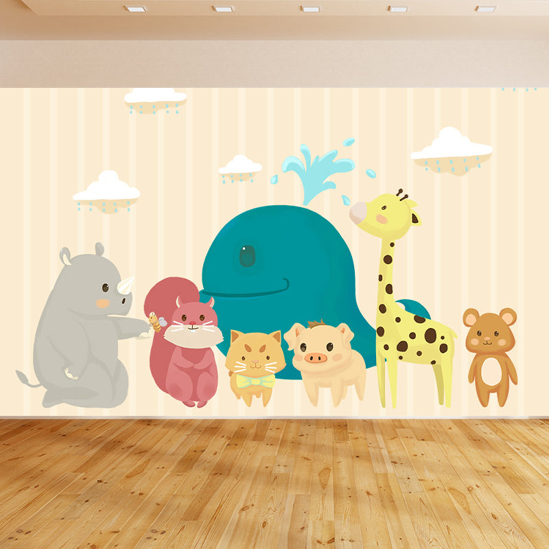 Interesting Cartoon Animals Mural Decal for Kids Bedroom, Soft Color, Custom Size Available Yellow Clearhalo 'Wall Decor' 'Wall Mural' 1648053