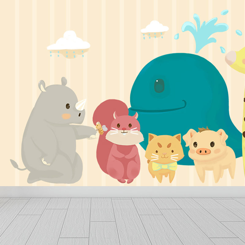 Interesting Cartoon Animals Mural Decal for Kids Bedroom, Soft Color, Custom Size Available Clearhalo 'Wall Decor' 'Wall Mural' 1648055