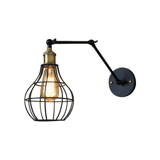 Black Globe/Teardrop Wall Sconce Lighting with Cage Shade Retro Metal 1 Light Arm Adjustable Wall Mount Light Clearhalo 'Art deco wall lights' 'Cast Iron' 'Glass' 'Industrial wall lights' 'Industrial' 'Middle century wall lights' 'Modern' 'Rustic wall lights' 'Tiffany' 'Traditional wall lights' 'Wall Lamps & Sconces' 'Wall Lights' Lighting' 164808