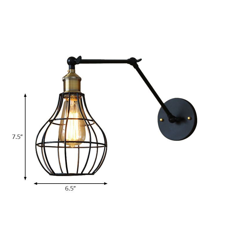 Black Globe/Teardrop Wall Sconce Lighting with Cage Shade Retro Metal 1 Light Arm Adjustable Wall Mount Light Clearhalo 'Art deco wall lights' 'Cast Iron' 'Glass' 'Industrial wall lights' 'Industrial' 'Middle century wall lights' 'Modern' 'Rustic wall lights' 'Tiffany' 'Traditional wall lights' 'Wall Lamps & Sconces' 'Wall Lights' Lighting' 164809