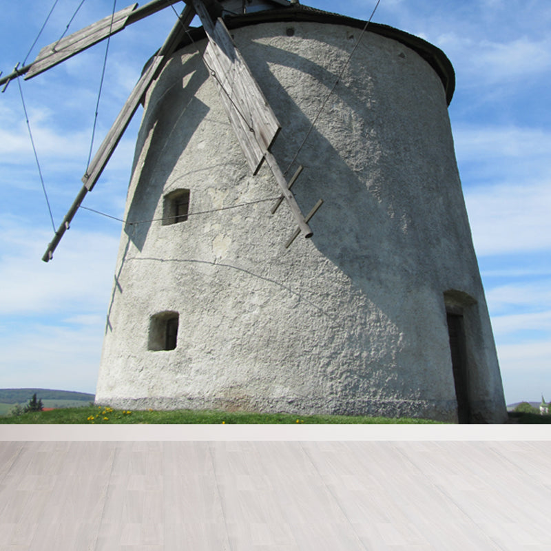 Giant Contemporary Wall Mural in Blue Windmill and Sky Scene Wall Decor, Custom Printed Blue Design 1 Clearhalo 'Wall Decor' 'Wall Mural' 1648098