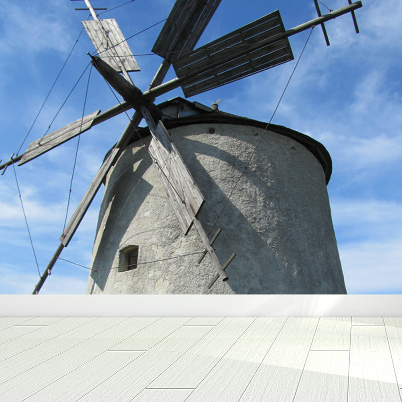 Giant Contemporary Wall Mural in Blue Windmill and Sky Scene Wall Decor, Custom Printed Clearhalo 'Wall Decor' 'Wall Mural' 1648099