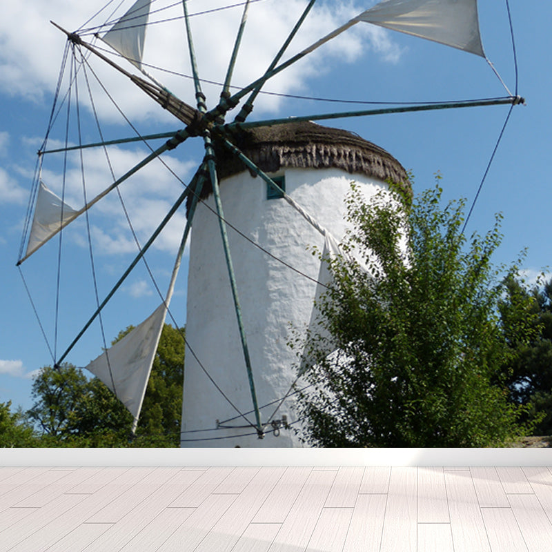 Giant Contemporary Wall Mural in Blue Windmill and Sky Scene Wall Decor, Custom Printed Clearhalo 'Wall Decor' 'Wall Mural' 1648104