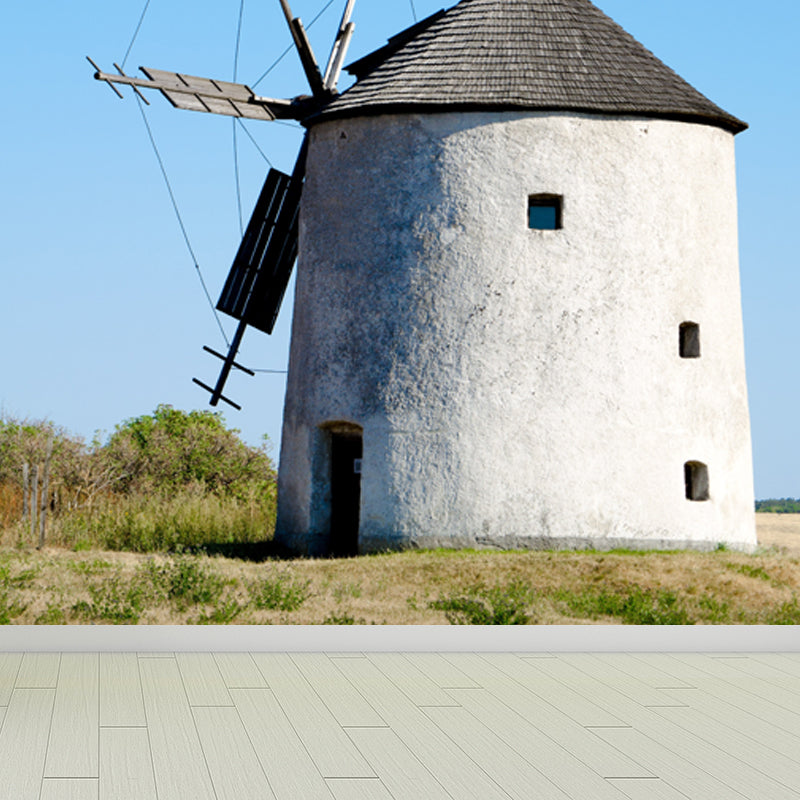 Giant Contemporary Wall Mural in Blue Windmill and Sky Scene Wall Decor, Custom Printed Clearhalo 'Wall Decor' 'Wall Mural' 1648109