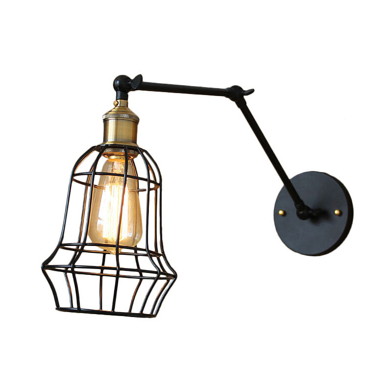 Black Globe/Teardrop Wall Sconce Lighting with Cage Shade Retro Metal 1 Light Arm Adjustable Wall Mount Light Clearhalo 'Art deco wall lights' 'Cast Iron' 'Glass' 'Industrial wall lights' 'Industrial' 'Middle century wall lights' 'Modern' 'Rustic wall lights' 'Tiffany' 'Traditional wall lights' 'Wall Lamps & Sconces' 'Wall Lights' Lighting' 164811