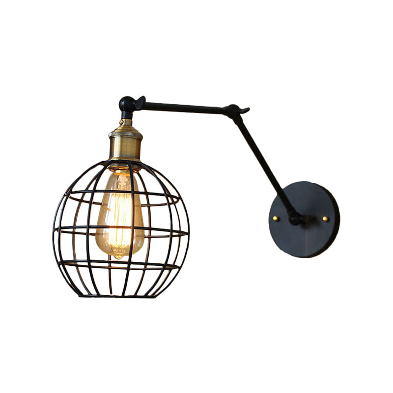 Black Globe/Teardrop Wall Sconce Lighting with Cage Shade Retro Metal 1 Light Arm Adjustable Wall Mount Light Clearhalo 'Art deco wall lights' 'Cast Iron' 'Glass' 'Industrial wall lights' 'Industrial' 'Middle century wall lights' 'Modern' 'Rustic wall lights' 'Tiffany' 'Traditional wall lights' 'Wall Lamps & Sconces' 'Wall Lights' Lighting' 164817