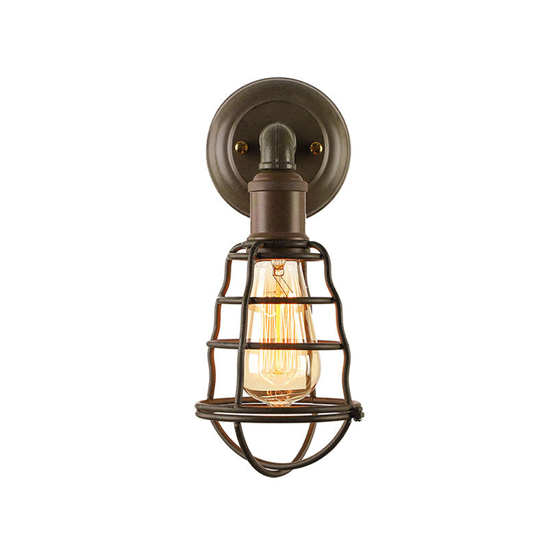Rust Finish Mini Wall Lamp with Cage Shade Antique Style Iron 1 Light Farmhouse Wall Mount Lighting Clearhalo 'Art deco wall lights' 'Cast Iron' 'Glass' 'Industrial wall lights' 'Industrial' 'Middle century wall lights' 'Modern' 'Rustic wall lights' 'Tiffany' 'Traditional wall lights' 'Wall Lamps & Sconces' 'Wall Lights' Lighting' 164821