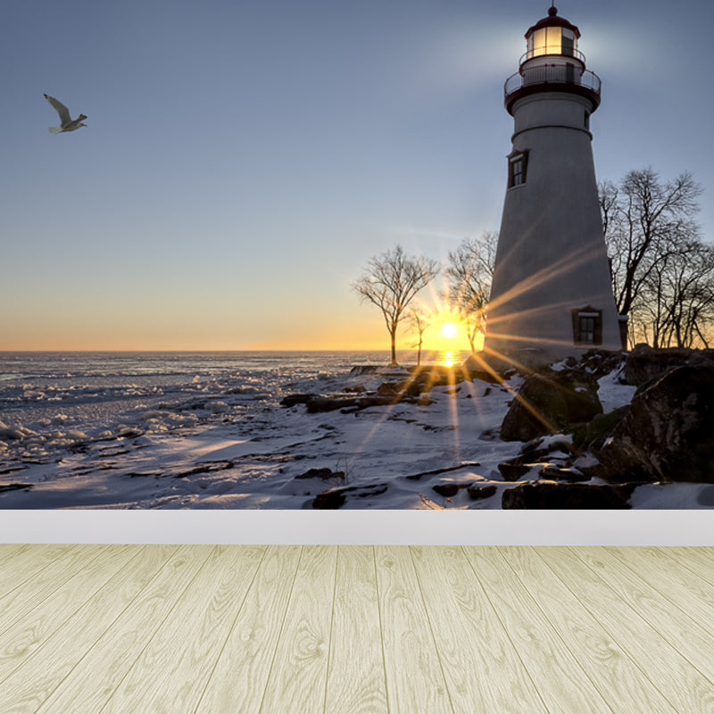 Large Shining Beacon Mural Wallpaper Nautical Seaside Landscape Wall Art in Blue Blue Design 1 Clearhalo 'Wall Decor' 'Wall Mural' 1648213