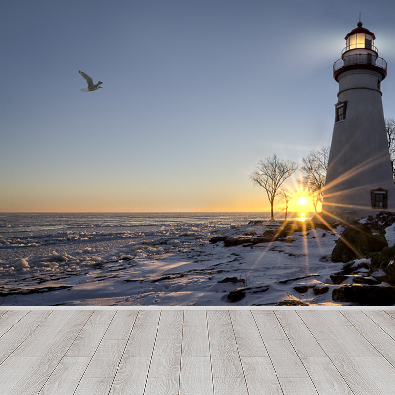 Large Shining Beacon Mural Wallpaper Nautical Seaside Landscape Wall Art in Blue Clearhalo 'Wall Decor' 'Wall Mural' 1648214