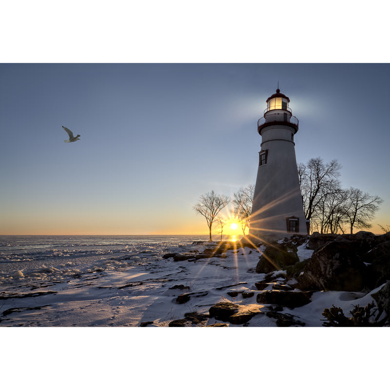 Large Shining Beacon Mural Wallpaper Nautical Seaside Landscape Wall Art in Blue Clearhalo 'Wall Decor' 'Wall Mural' 1648216