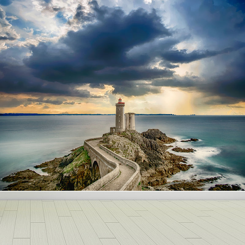 Large Shining Beacon Mural Wallpaper Nautical Seaside Landscape Wall Art in Blue Blue Design 2 Clearhalo 'Wall Decor' 'Wall Mural' 1648218