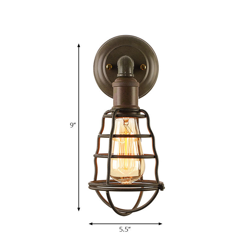 Rust Finish Mini Wall Lamp with Cage Shade Antique Style Iron 1 Light Farmhouse Wall Mount Lighting Clearhalo 'Art deco wall lights' 'Cast Iron' 'Glass' 'Industrial wall lights' 'Industrial' 'Middle century wall lights' 'Modern' 'Rustic wall lights' 'Tiffany' 'Traditional wall lights' 'Wall Lamps & Sconces' 'Wall Lights' Lighting' 164822