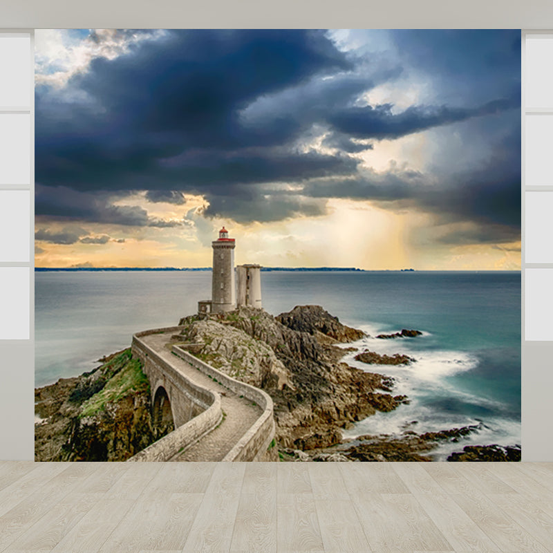 Large Shining Beacon Mural Wallpaper Nautical Seaside Landscape Wall Art in Blue Clearhalo 'Wall Decor' 'Wall Mural' 1648220