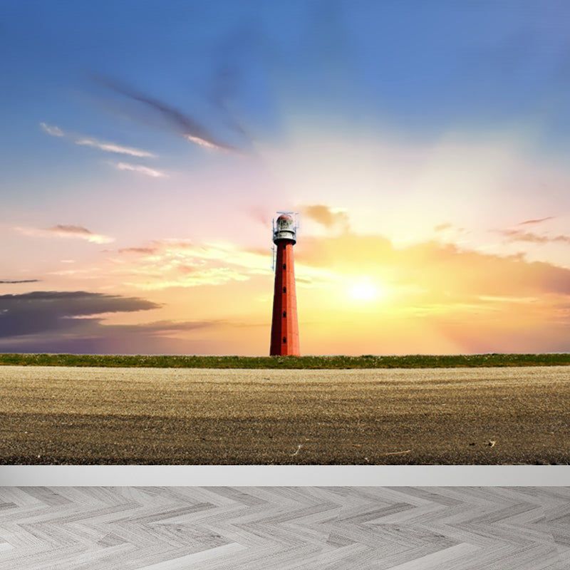 Large Shining Beacon Mural Wallpaper Nautical Seaside Landscape Wall Art in Blue Blue Design 3 Clearhalo 'Wall Decor' 'Wall Mural' 1648223