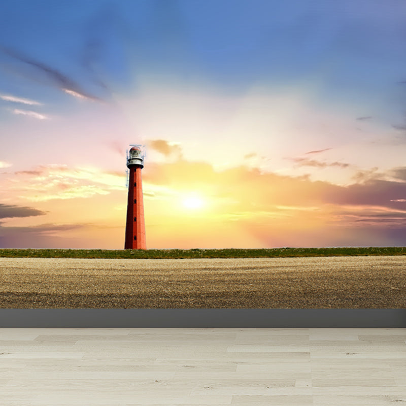 Large Shining Beacon Mural Wallpaper Nautical Seaside Landscape Wall Art in Blue Clearhalo 'Wall Decor' 'Wall Mural' 1648224